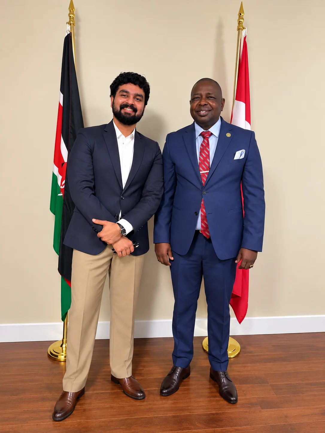 Rudraksha Chawla with a Kenya High Commission representative in front of the Kenyan and Canadian flags